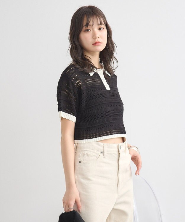 earth music&ecology キラキラボタン透かしニットポロ Black