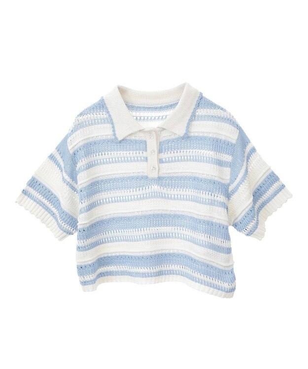 earth music&ecology キラキラボタン透かしニットポロ Border Blue
