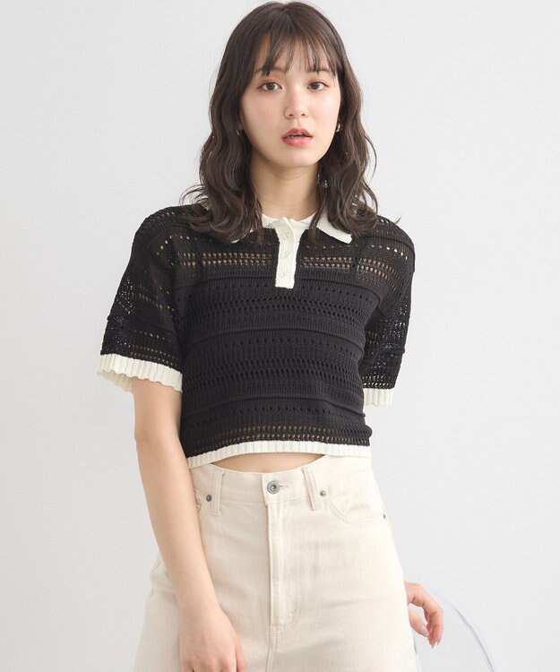 earth music&ecology キラキラボタン透かしニットポロ Black