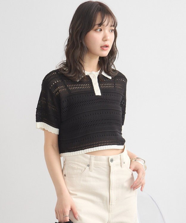 earth music&ecology キラキラボタン透かしニットポロ Black