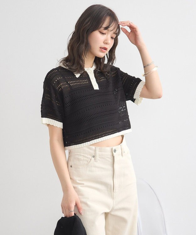 earth music&ecology キラキラボタン透かしニットポロ Black