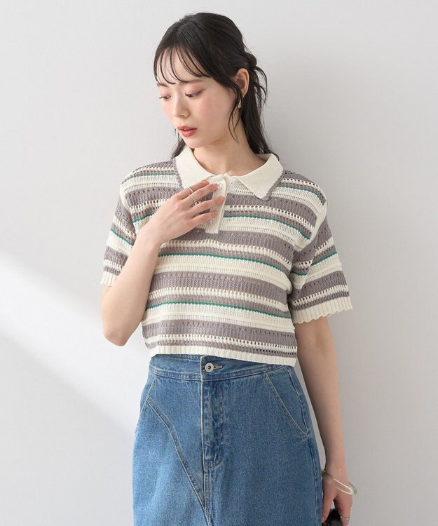 earth music&ecology キラキラボタン透かしニットポロ Border Gray