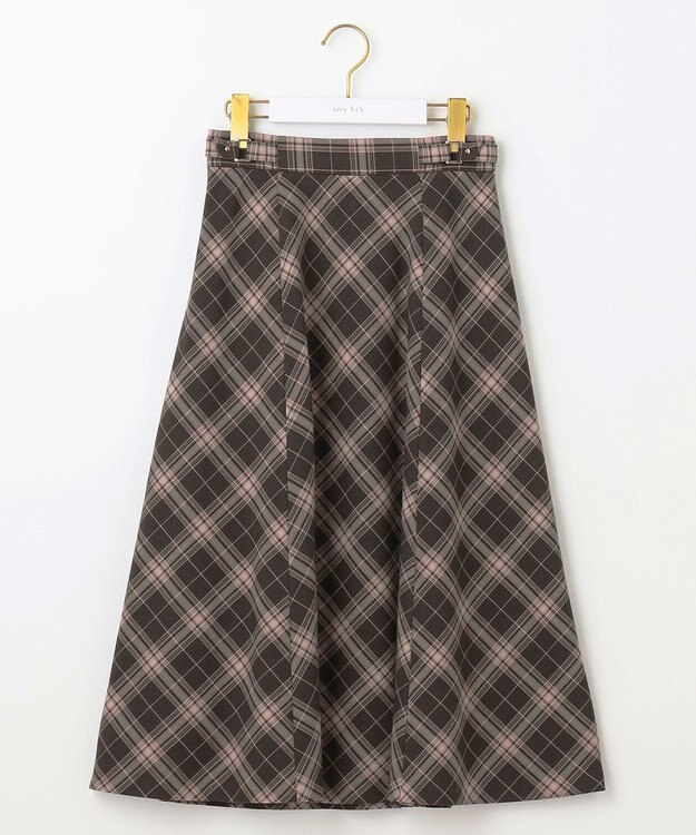 ANY SIS 【洗える】ベルトポイントフレア スカート ブラウン系チェック