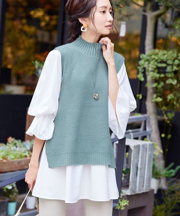 Tiaclasse L 【洗える】着回し自在のニットベスト＆フレア袖チュニックセット ミント