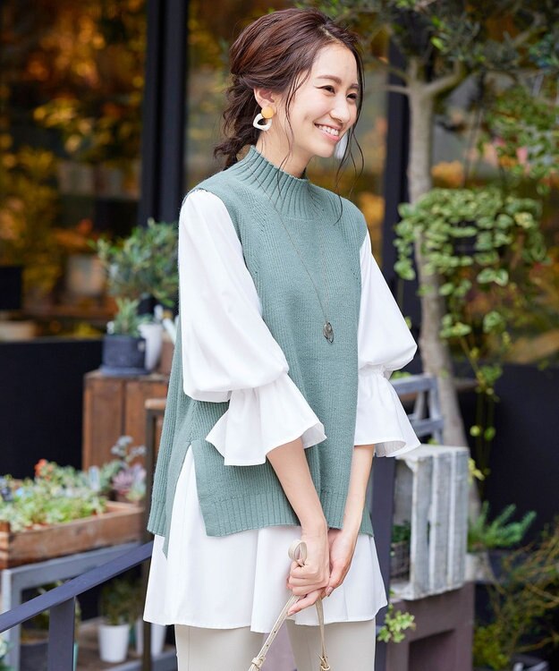 Tiaclasse L 【洗える】着回し自在のニットベスト＆フレア袖チュニックセット ミント