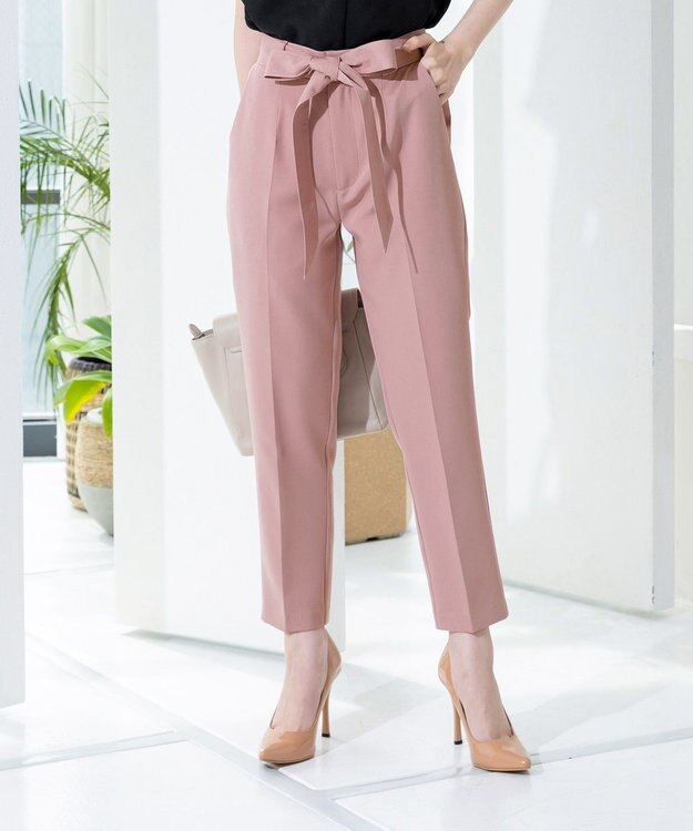 Tiaclasse L 【洗える】美脚効果も叶うリボン付きテーパードパンツ ピンク