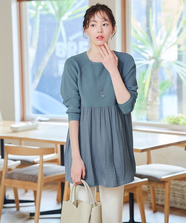 Tiaclasse L 【洗える】ヴィンテージサテンドッキングニットチュニック ブルー