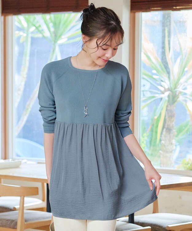 Tiaclasse L 【洗える】ヴィンテージサテンドッキングニットチュニック ブルー