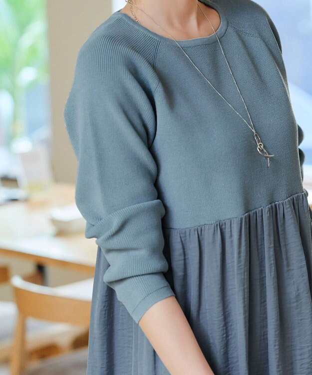 Tiaclasse L 【洗える】ヴィンテージサテンドッキングニットチュニック ブルー