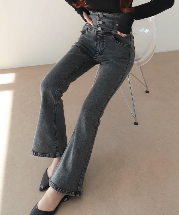 WEGO 【ストレッチ/美脚/脚長シルエット/XSSMサイズ展開】ハイウエストストレッチフレアデニムパンツ ブラックその他