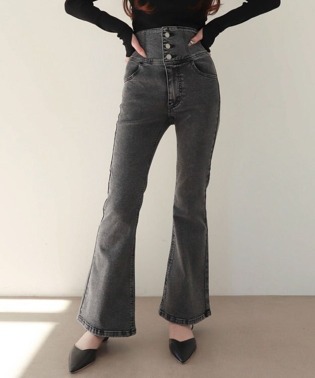 WEGO 【ストレッチ/美脚/脚長シルエット/XSSMサイズ展開】ハイウエストストレッチフレアデニムパンツ ブラックその他