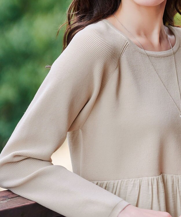 Tiaclasse L 【洗える】ヴィンテージサテンドッキングニットチュニック グレージュ