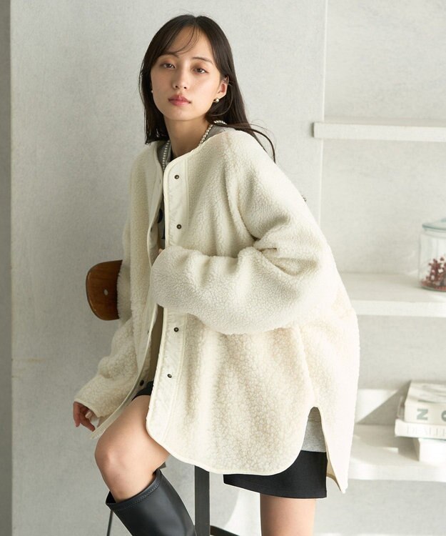 earth music&ecology 粒違い切替ボアブルゾン Ivory