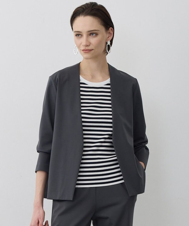 ICB L ナイロンストレッチポンチ ノーカラージャケット チャコール