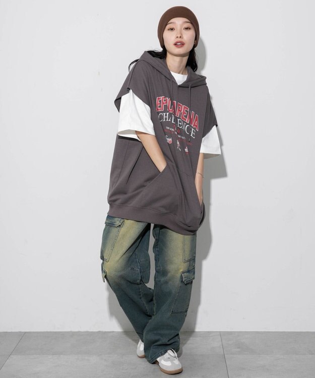 WEGO 【ユニセックス着用ITEM/手洗い可】ロゴノースリーブパーカー スミクロ