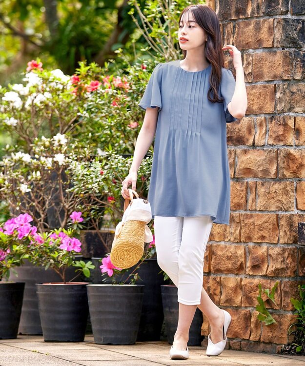 Tiaclasse L 【洗える】麻調ピンタックチュニックブラウス ブルー