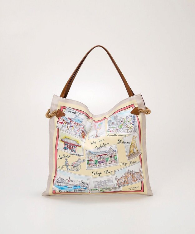 TOPKAPI 【TREASURE TOPKAPI】マイルドサテン スカーフ柄 トートバッグ スーベニアプリント ライトベージュ