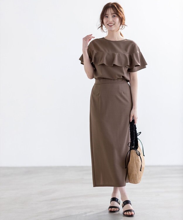 ANY SIS L 【前後着用・UVケア・洗える】2WAYジョーゼットジャージーフリル カットソー モカ