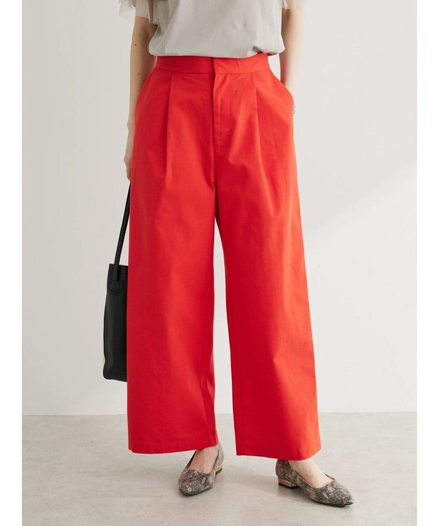 Green Parks 綿麻混タックストレートワイドパンツ Red