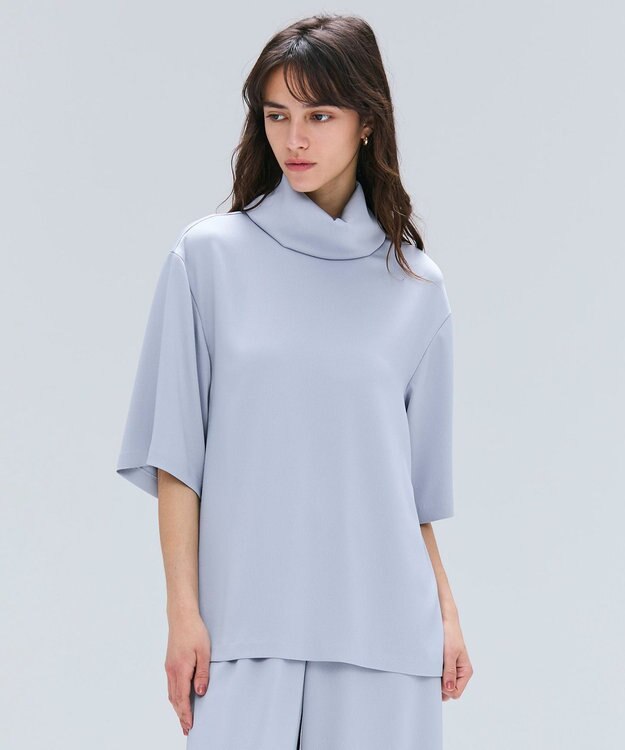 BEIGE， 【洗える・Precious 11月号掲載】LLOYD / ハンマーサテンロールカラー半袖ブラウス Dull Blue