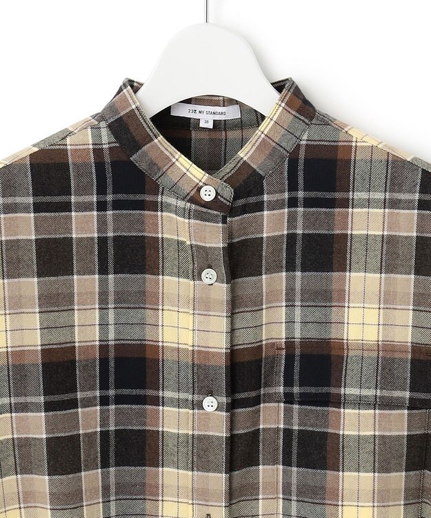 23区 CANCLINI メルトン バンドカラーシャツ キャメルチェック