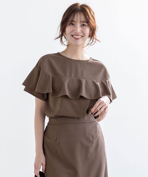 ANY SIS 【前後着用・UVケア・洗える】2WAYジョーゼットジャージーフリル カットソー モカ