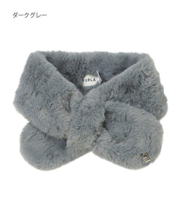 MOONBAT FURLA（フルラ）プチリボンマフラー  アーチロゴ フェイクファー ダークグレー