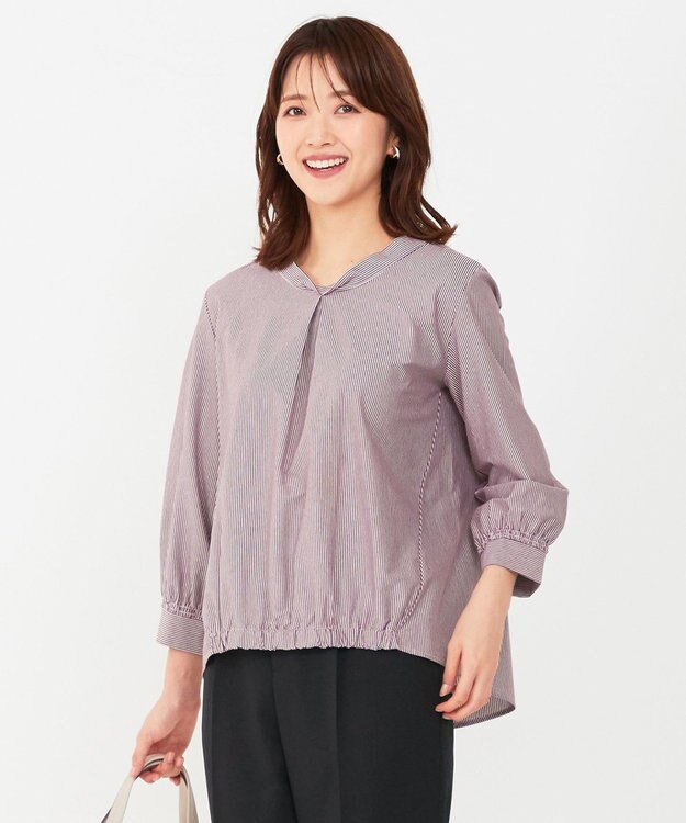 ANY SIS 【洗える】シルケットジャージーストライプ ブラウス ボルドーストライプ