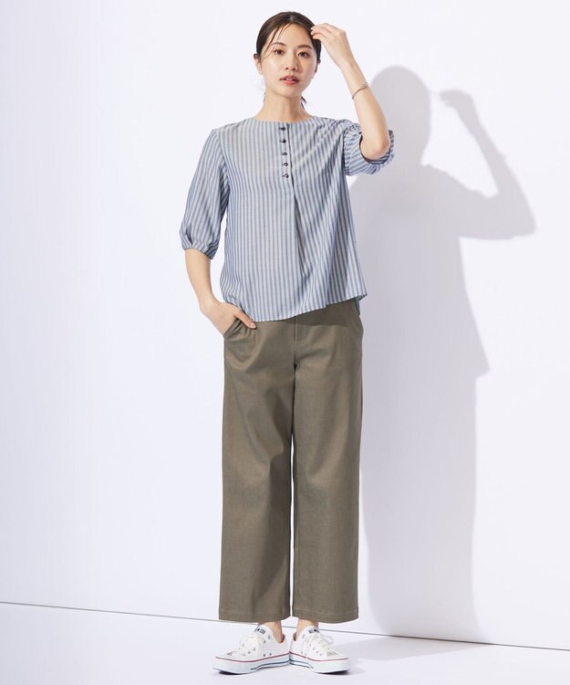 J.PRESS LADIES S 【洗える】ウォッシャブルキュプラツイル ボートネック ブラウス ネイビーシャンブレーストライプ系