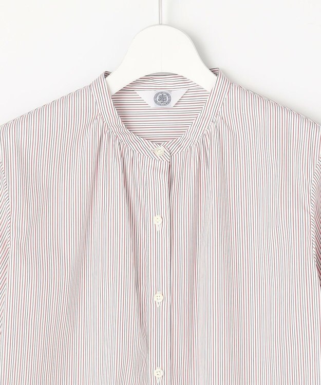 J.PRESS LADIES BEZ ドビーストライプ バンドカラー ブラウス ホワイト×ピンク×スレート系