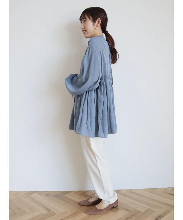 CRAFT STANDARD BOUTIQUE 後リボン切替ギャザーチュニックブラウス Blue