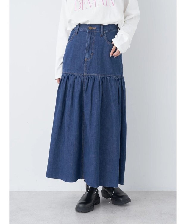 earth music&ecology Ｌｅｅ×ｅ．ｍ．ａ．ｅ．デニムフリルスカート Medium Indigo