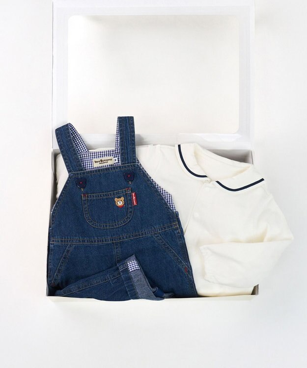 MIKI HOUSE HOT BISCUITS ワンポイントデニムオーバーオール＆セーラーカラー長袖Tシャツギフトセット【BOX付き】