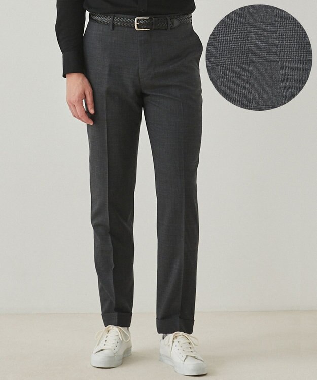 GOTAIRIKU ロングセラー【洗える/折り目加工/シワになりにくい/ウエストアジャスター】ウォッシャブル サマーウール100％パンツ_限定色(ノータック)25年モデル 新色/グレー×細チェック