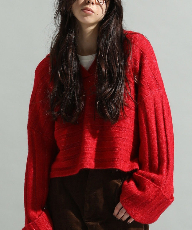 CRAFT STANDARD BOUTIQUE ロールアップ袖ショート丈ニットプルオーバー Red