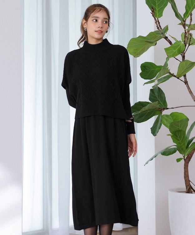 Tiaclasse 【2点セット】ケーブルトップス＆ニットワンピースセット ブラック