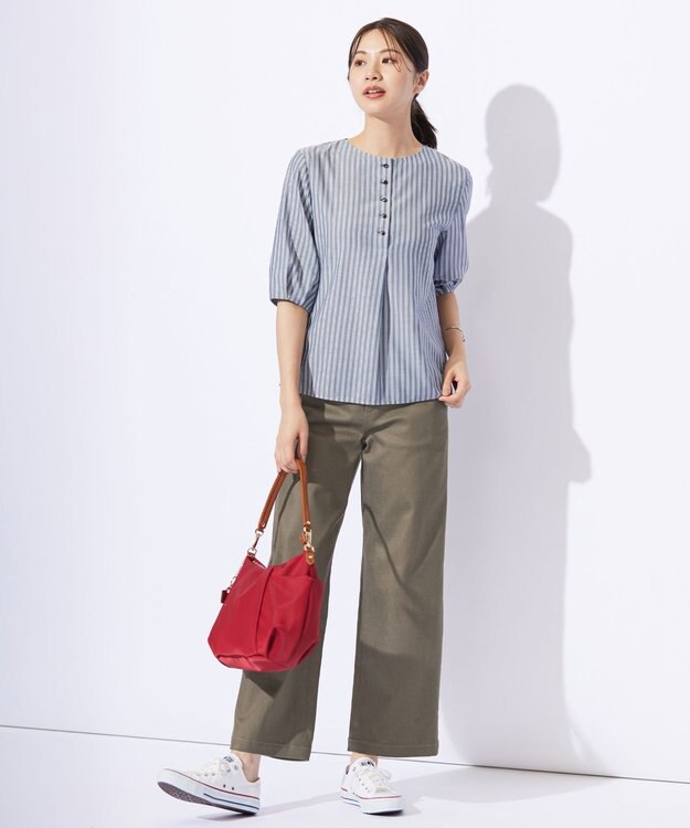 J.PRESS LADIES S 【洗える】ウォッシャブルキュプラツイル ボートネック ブラウス ネイビーシャンブレーストライプ系