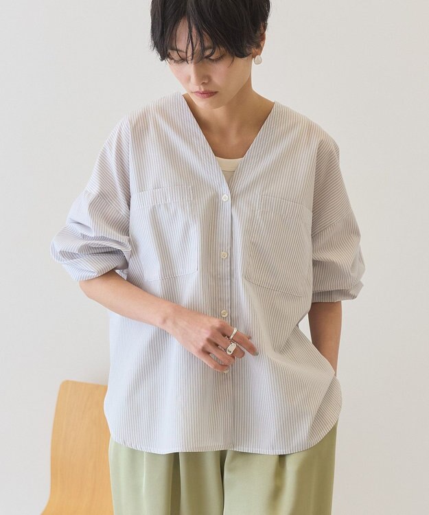 AMERICAN HOLIC 【イージーケア】ストライプVネックシャツ Off White
