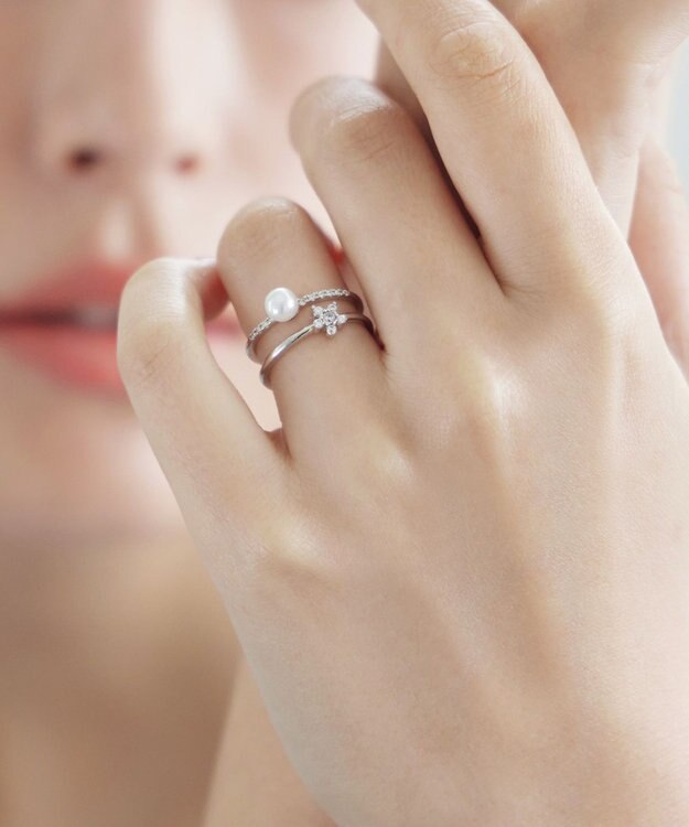 Tiaclasse フラワー＋パールダブルリング シルバー