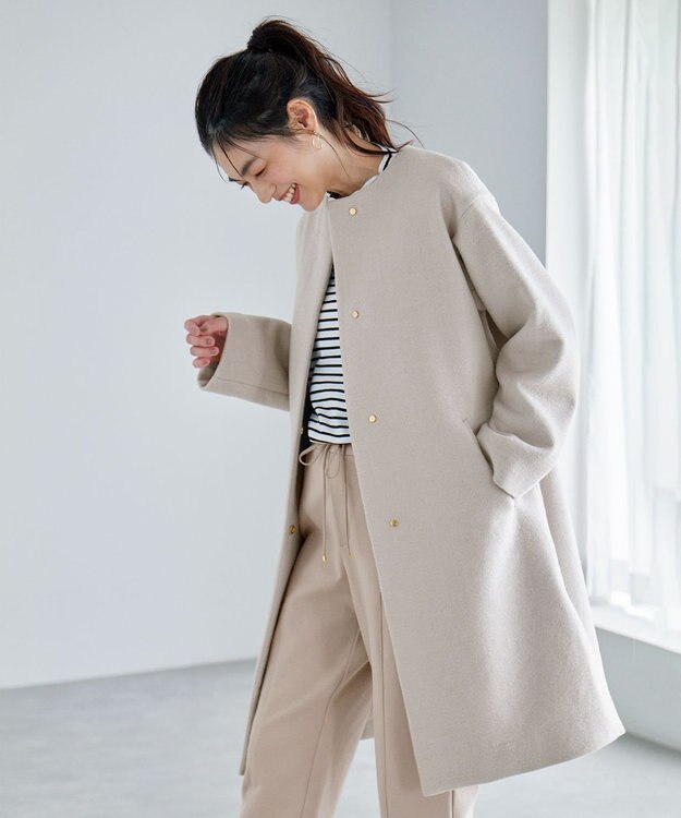 ANY 【防風裏地】ウールブレンドノーカラーコート エクリュ