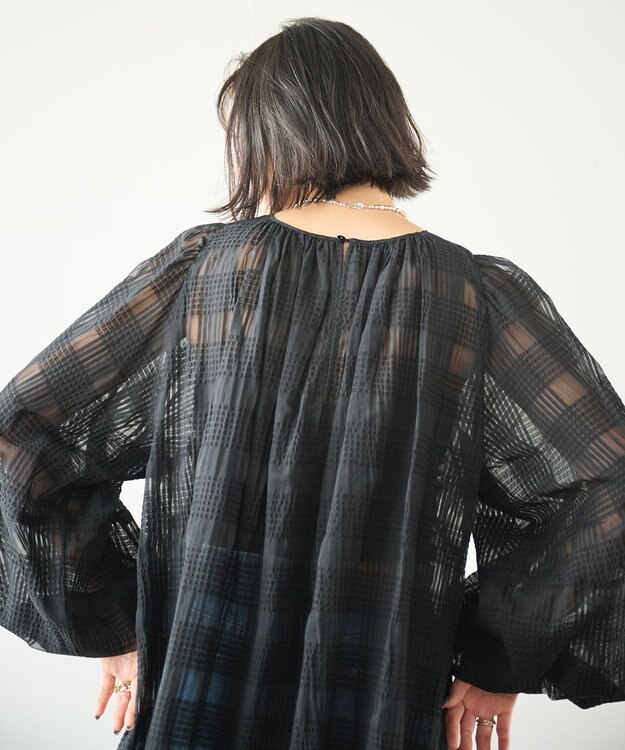 #Newans シアーチェックボリュームブラウス ブラック