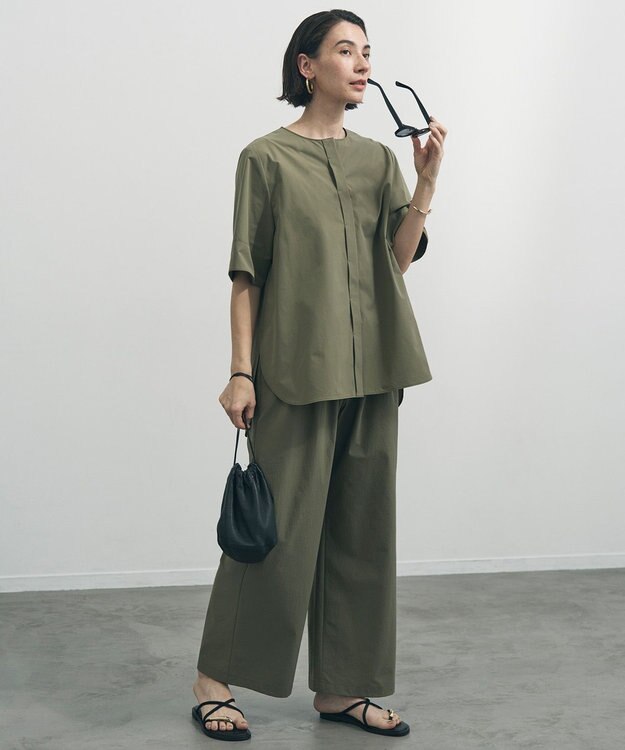 UNFILO 【セットアップ着用可/ウエストゴム】FINE MOVE ギャザーワイドパンツ カーキ