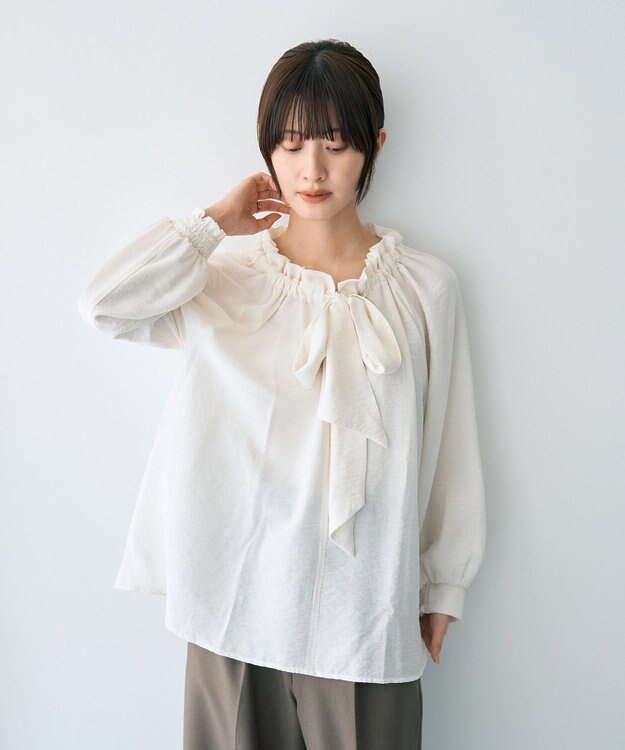 YECCA VECCA フリルギャザーボウタイブラウス Off White
