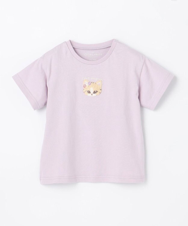 ANY KIDS オーガビッツアニマルサガラ刺繍Ｔシャツ ラベンダー×ネコ