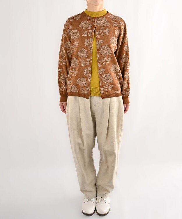 muuc 〈高品質スーパー120S極細ウールニット〉フラワージャカードのミドルゲージカーディガン ブラウン