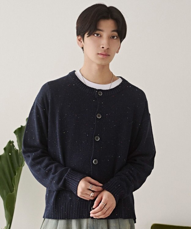 WEGO ネップクルーネックカーディガン ネイビー