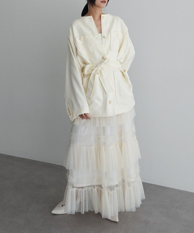 Green Parks ツィードミディ丈ジャケット Off White