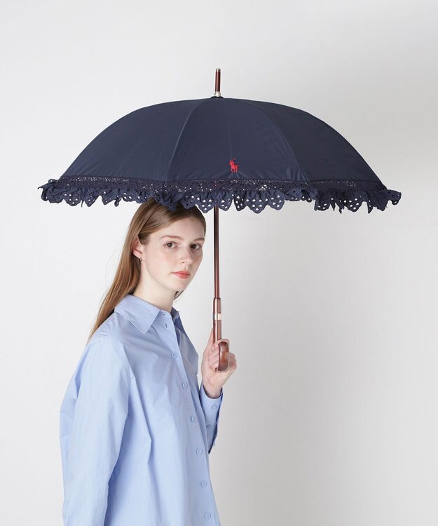 MOONBAT 【遮光/晴雨兼用日傘】POLO RALPH LAUREN(ポロ ラルフローレン) エンブフリル 長傘 遮熱 UV ディープブルー（EC限定色）