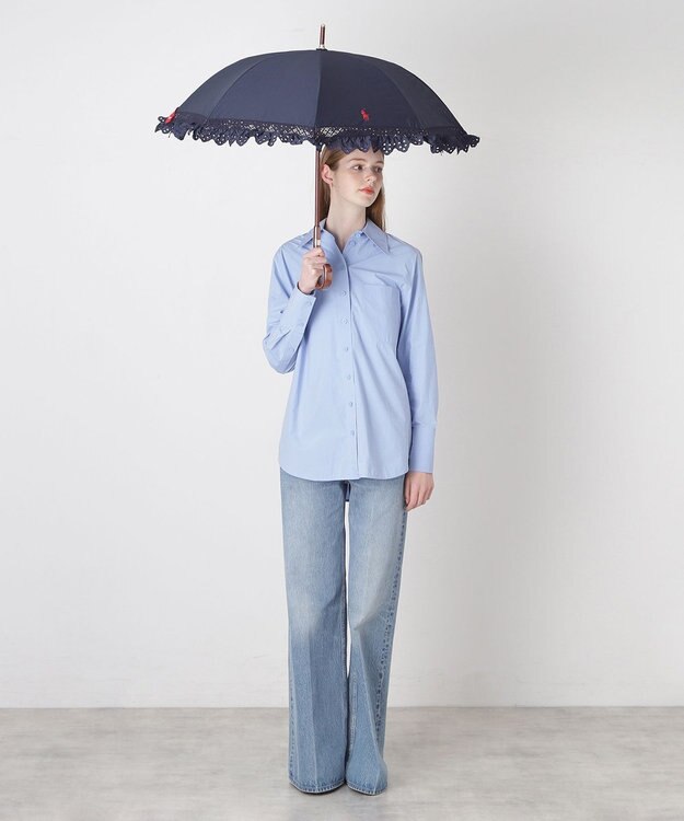 MOONBAT 【遮光/晴雨兼用日傘】POLO RALPH LAUREN(ポロ ラルフローレン) エンブフリル 長傘 遮熱 UV ディープブルー（EC限定色）