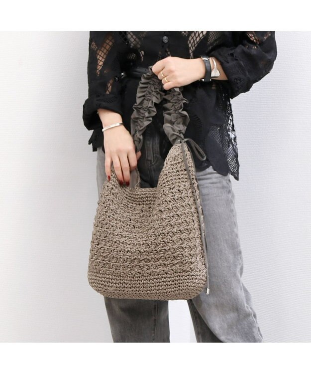 UNBILLION カシュカシュ cachecache / ドロストフリルハンドル地柄編みトート カゴバッグ GY